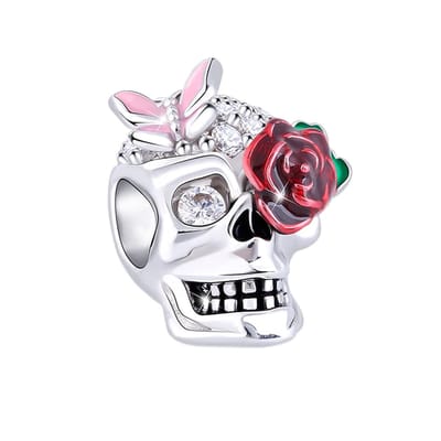 Fler® | Bedel | Past op populaire bedel armbanden (standaard-3mm) | armbandbedel | Sugar Skull | Calavera | Mexican Skull | Doodshoofd Charm | Halloween | 925 Sterling Zilver | Zirkonia | Emaille | Rood | Groen | Roze | Kerstcadeau | Valentijn kado