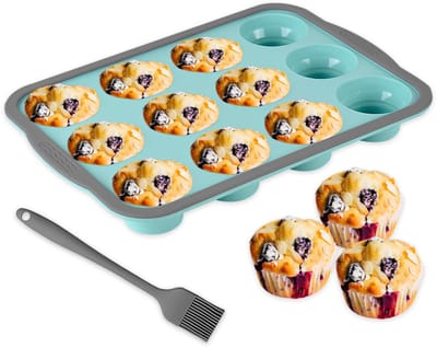 Muffinvorm voor 12 muffins, siliconen muffinvormpjes, met metalen frame, gemakkelijk te verwijderen, cupcake-borden, brownies, cake, pudding