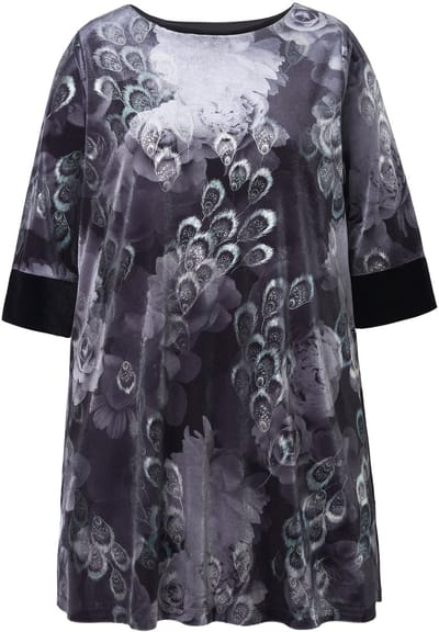 Ulla Popken - Dames - Fluwelen tuniek all-overprint boothals 3/4-mouw - Zwart - Maat 50+