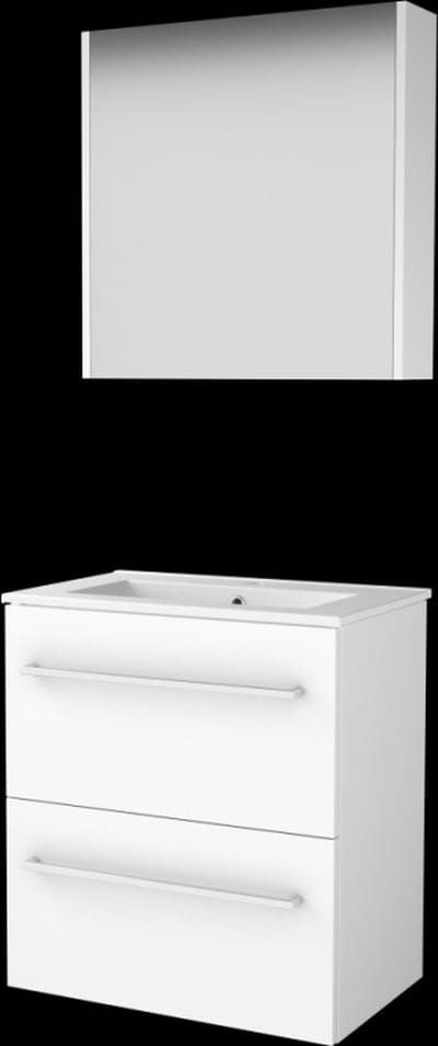 Basic Comfort 39 badmeubelset met spiegelkast, wastafelonderkast met grepen, 2 lades en porseleinen wastafel met 1 kraangat 60 x 39 cm, ice white