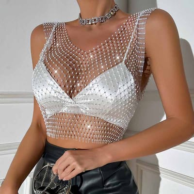Hauts Débardeurs Sexy Brillants Strassés Mailles Fishnet Femmes Y2K Haut Court Transparent Couvre-Maillot de Bain d'Été Hauts pour Soirée Clubbing Vêtements Femmes M gray
