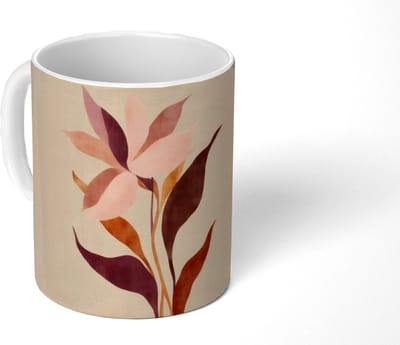 Mok - Koffiemok - Bloemen - Blaadjes - Minimalistisch - Roze - Mokken - 350 ML - Beker - Koffiemokken - Theemok