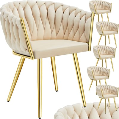 tectake® Set van 6 Fluwelen Eetkamerstoelen - Kuipstoel met armleuning in knooplook - Eetkamerstoel - Moderne stoelvoor woonkamer en eetkamer - Keukenstoel - Kaptafelstoel - Slaapkamerstoel - Diverse kleuren - Zandkleurig/Goud