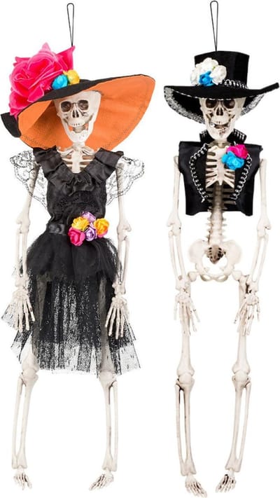 Set van 2x hangende horror decoratie skelet 40 cm Spaanse dame en heer - Halloween thema versiering poppen