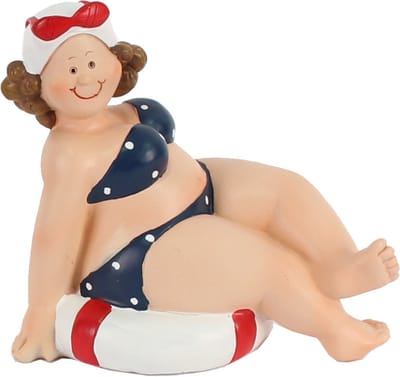Home decoratie beeldje dikke dame - zittend - blauw badpak - 12 cm