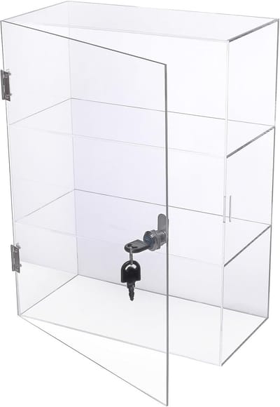 Acryl vitrine met 3 planken en slot en sleutels - 30 x 15 x 40 cm - vitrine afsluitbaar veilige opbergdoos voor detailhandel transparante opzetvitrine met planken, geen montage