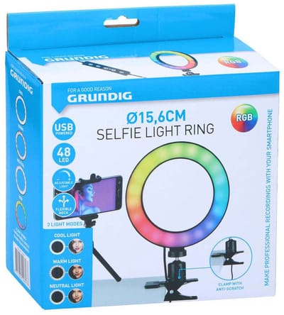 Grundig Ringlamp met Telefoonhouder - Ringlight met Tafelklem - Ø16cm Ringlicht met 48 LED's - 3 Lichtstanden en 15 Helderheidsniveaus - USB Voeding - Flexibele Armen - Voor Selfies, TikTok En Video's