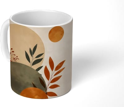 Mok - Koffiemok - Vormen - Rond - Bladeren - Beige - Mokken - 350 ML - Beker - Koffiemokken - Theemok