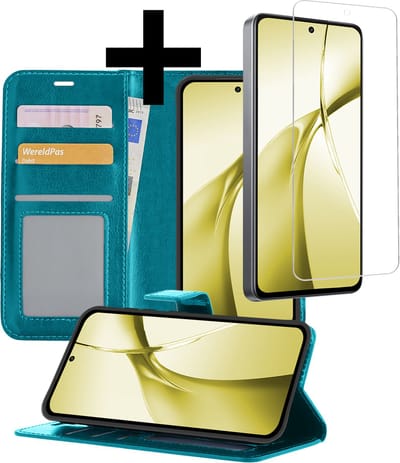 Hoesje - Met Screenprotector - Geschikt voor OnePlus Nord CE4 - Luxe Pasjeshouder - Bookcase Portemonee - Flip Case - Kunstleer Book Case - Flipcase - Book Cover - Walletcase - Portemonneehoes - Telefoonhoesjes - Turquoise