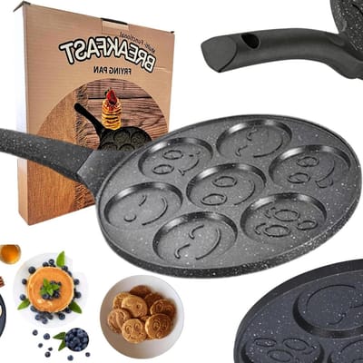 Pannenkoekenpan met 7 Gaten - Eierpan Smiley - Leuk Ontbijt Maken - 7 Emoticons Tegelijk - 26 cm - Grijs