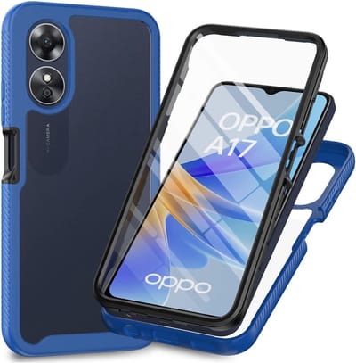 Hoesje met Ingebouwde Screenprotector voor de Oppo A17 | Full Protect valbescherming | Doorzichtig / Blauw