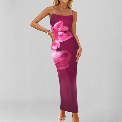 Nieuwe Lente Stijl Stijlvolle en Elegante Bedrukte Temperament Mouwloze Jurk met Spaghettibandjes L brown