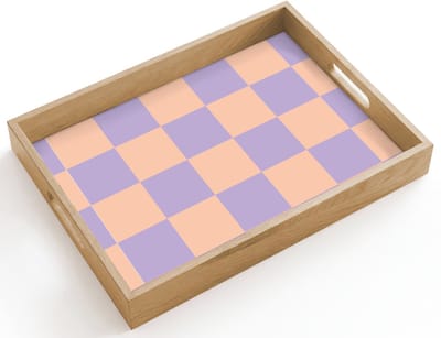 Dienblad hout 40x30 cm - Schootdienblad - Schaakbord patroon - Paars - Roze - Blokjes - Borrelplank rechthoek - Plateau dienbladen