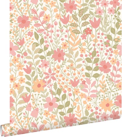 ESTAhome behang bloemetjes roze, groen en oranje - 50 x 900 cm - 131939