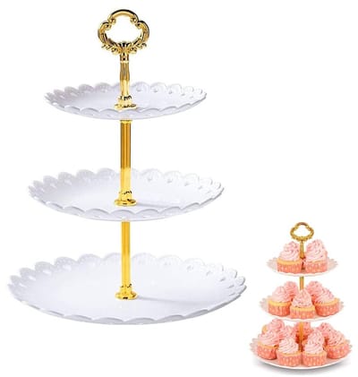Dailygoods- Taartstandaard Drie-laags - Caketribune - Bruiloft/Feest - Hoogwaardig PP-materiaal - Wit - 15/18/22 cm - Dessertstandaard