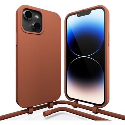 Coverzs Silicone case met koord - Telefoonhoesje met koord - Backcover hoesje met koord - touwtje - geschikt voor Apple iPhone 14 Plus - bruin