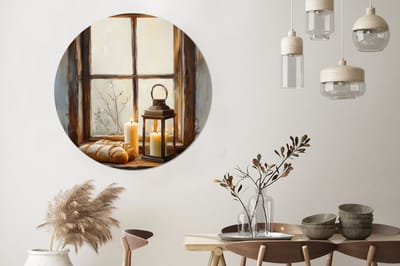 WallCircle - Wandcirkel - Muurcirkel - Stilleven - Rustiek - Kaarsen - Broden - Raam - Aluminium - Dibond - 140x140 cm - Binnen en Buiten