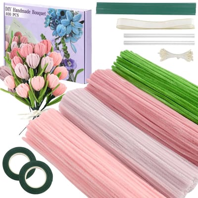 QTTVBTNA – 400 Stuks - Twister Sticks - Pijpenragers - Pijpenragers Knutselset – 4 Kleuren Chenille Draad voor DIY Bloemen en Decoratie – Inclusief Groene Knutseldraad,Cadeaulint en Plakband – voor Knutselen, Cadeaus, School en Hobbygebruik – roze