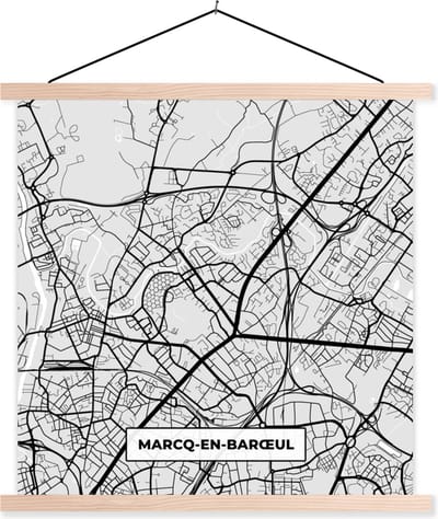 Posterhanger incl. Poster 40x40 cm - Schoolplaat - Kaart - Stadskaart - Marcq-en-Barœul - Plattegrond - Frankrijk - Textielposter - Blanke latten - Stadskaart