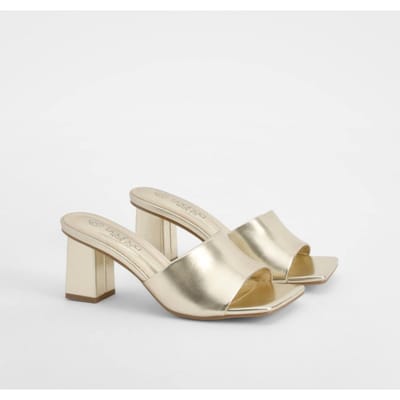 boohoo Dames Wide Fit Low Block Heeled Mules | Goud | Maat: 38