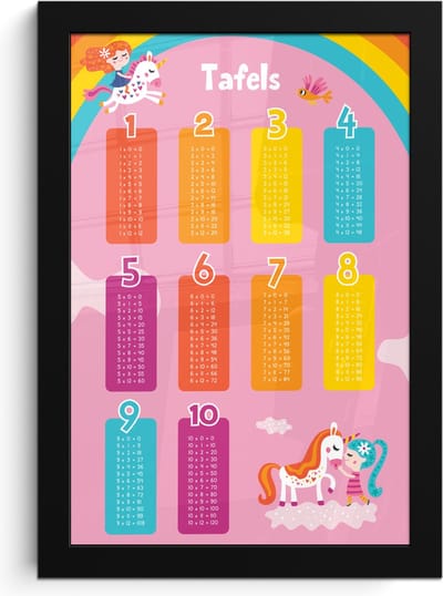 Poster in lijst - Fotolijst 20x30 cm - Posters - Tafels van vermenigvuldiging - Leren rekenen voor kinderen - Cijfers oefenen - Eenhoorn - Roze - Posterlijst zwart - Kamer decoratie - Wanddecoratie kinderkamer - Muurdecoratie babykamer
