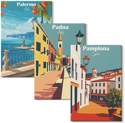Wallfluent Set van canvas schilderijen - Populaire steden in een retro-illustratiestijl Canvas Schilderijen Set - set 3 stuks 20x30 cm - Veelkleurig Set van Canvas Prints - Steden Canvas Kunst Set - Boheemse Canvas Kunst Set