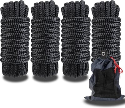 Zware Dubbelgevlochten Nylon Landvasten met Oog, 15 FT voor het Afmeren van Boten, Zwart (4 Stuks)