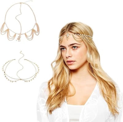 2 x boho-paillettenkettingen, goudkleurige haarketting, goudkleurige haarketting met pailletten, met kwasten, voor festivalkostuum voor dames