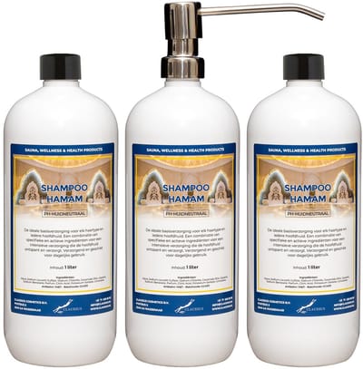 Shampoo Hamam 1 liter met luxe RVS zilverkleurige pomp - set van 3 stuks - voordeelverpakking - haarverzorging
