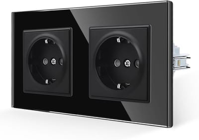 Dubbel Stopcontact met Haken - Gehard Glas - 16 Ampère - Standaard Schuko - 250 V - Zwart - 157 x 86 mm