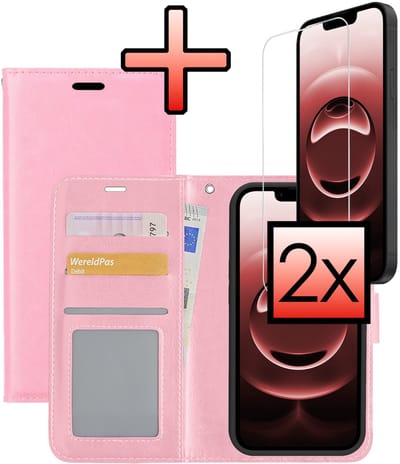 Hoesje - Met 2x Screenprotector - Geschikt voor Apple iPhone 16e / 17e - Luxe Pasjeshouder - Bookcase Portemonee - Flip Case - Kunstleer Book Case - Flipcase Hoes - Book Cover - Walletcase - Portemonneehoes - Lichtroze
