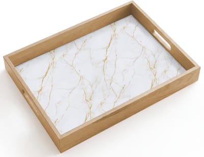 Dienblad hout 40x30 cm - Schootdienblad - Wit - Marmer - Goud - Luxueus - Borrelplank rechthoek - Plateau dienbladen