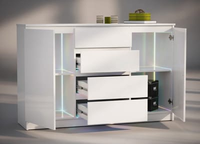 Commode 160x40x99 cm met 4 Laden en 2 Deuren – Modern Dressoir Kast voor Woonkamer, Slaapkamer en Kantoor – Wit – Abkantoor
