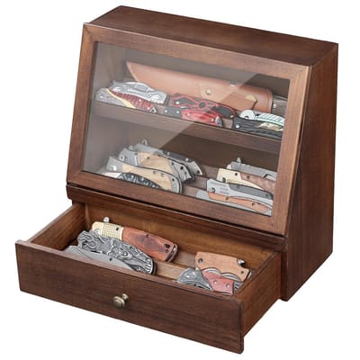 Houten messenhouder met lade voor 22-30 opvouwbare messen, ideaal voor verzamelaars en als woondecoratie