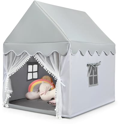 COSTWAY Kindertent voor binnen, kinderspeelhuis voor jongens meisjes prinses, kinderspeeltent met massief houten frame & katoenen plafond, kinderspeelhuis voor binnen, 120x105x140cm (grijs)