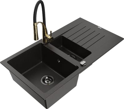 Mexen Matias granieten spoelbak 1,5-kamer met afdruiprek en keukenkraan Aster, zwart/goud metallic - 6502-75-73450-57-B