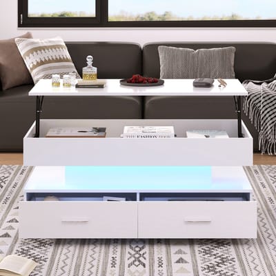 DESMIU Salontafel - Hydraulisch Verstelbaar Met Ledverlichting En Verborgen Opbergruimte - Voor Woonkamer - Spaanplaat - Wit - 100x50x44 Cm