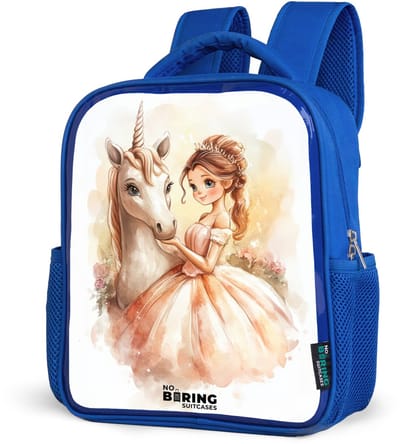 NoBoringSuitcases.com® - Rugzak blauw - Schooltas jongens - Prinses in jurk met witte eenhoorn - Kinder rugtas jongen - Boekentas kind - Kinderrugzak voor school - Schoolrugzak