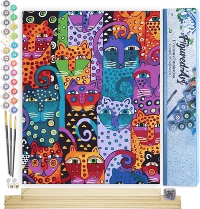 Figured'Art Schilderen op Nummer Volwassenen canvas Katten Ontwerp - Handwerk acrylverf Kit DIY Compleet - 40x50cm met DIY houten lijst