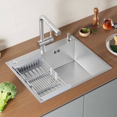 Cecipa Max Roestvrijstalen Spoelbak Zilver - 60×49 cm - Opbouw/Inbouw - Gestempeld Nano - Met Verstelbare Uitlekmand & Zeepdispenser