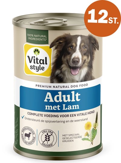 VITALstyle Hond Adult Met Lam - Natvoer - Alles Voor Een Vitale Hond - Met o.a. Pompoen & Smalle Weegbree - 12 x 400 g