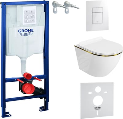 Inbouwreservoir Complete Toiletset Grohe Solido 39069000 - Inbouw WC Hangtoilet Wandcloset Sofi Slim Gold Line - Bedieningsplaat EVEN 3in1 Wit Hoogglans - Voorwandelement - Installatiesysteem