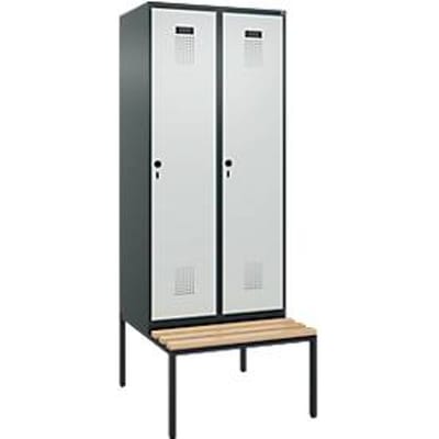 C+P Evolo Plus garderobekast, 2 vakken, 400 mm vakbreedte, met bank eronder, B 800 x D 815 x H 2120 mm, draaibare grendel, antracietgrijs/lichtgrijs