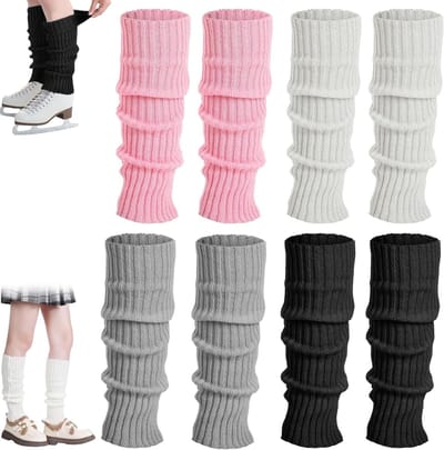 Warme Beenwarmers voor Dames - 4 Paar Gebreide Beenwarmers 40 cm - Zwart, Wit, Grijs, Roze - Elastisch en Comfortabel voor Cosplay, School en Dagelijks Gebruik