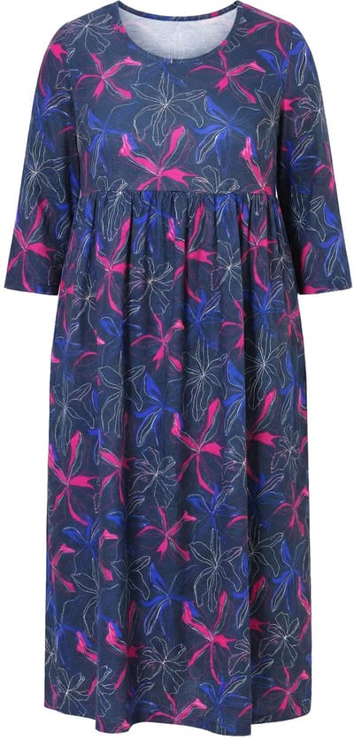 Ulla Popken - Dames - Jersey jurk A-lijn ronde hals 3/4-mouwen zakken - Marine - Maat 42+
