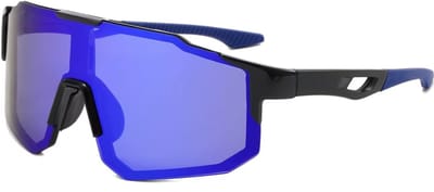 Sport Zonnebril - Fietsbril - Sportbril - Zwart Blauw - Blauw Spiegel - Gepolariseerd