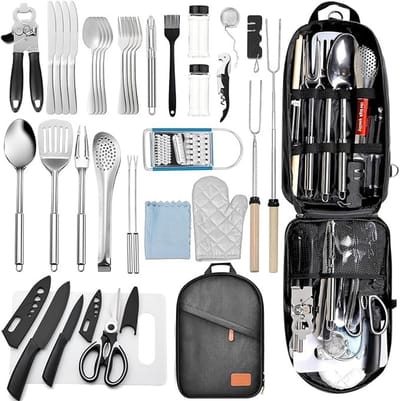 Camping Keukenset 36-delig - RVS Camping Servies & Bestek - Complete Outdoor Kookset - Inclusief Opbergtas