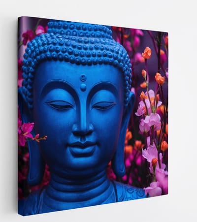 Saammp Canvas Schilderij - Boeddha bij roze bloemen - 20x20 - Foto op canvas - Wanddecoratie - Muurdecoratie Woonkamer - Canvas schilderijen