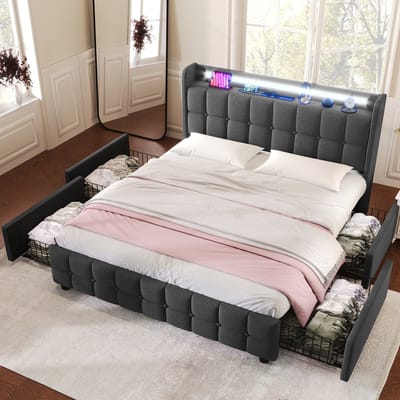 Opbergbed 180x200 - Tweepersoonsbed Met USB LED En 4 Laden - Grijs