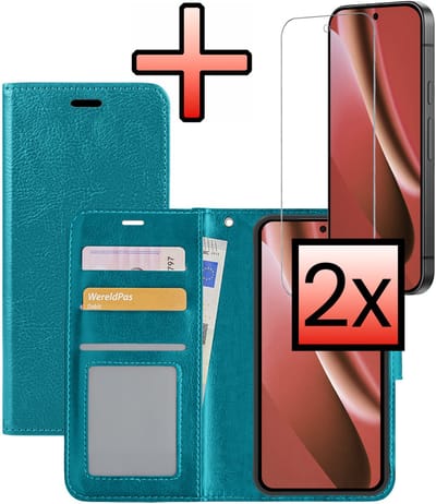 Hoesje - Met 2x Screenprotector - Geschikt voor Google Pixel 10a - Luxe Pasjeshouder - Bookcase Portemonee - Flip Case - Kunstleer Book Case - Flipcase Hoes - Book Cover - Walletcase - Portemonneehoes - Turquoise